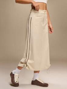 Hanevo Women's Casual Sports Snap Button Slant Pocket Side Ruched Slit Skirt - Apricot - View 4