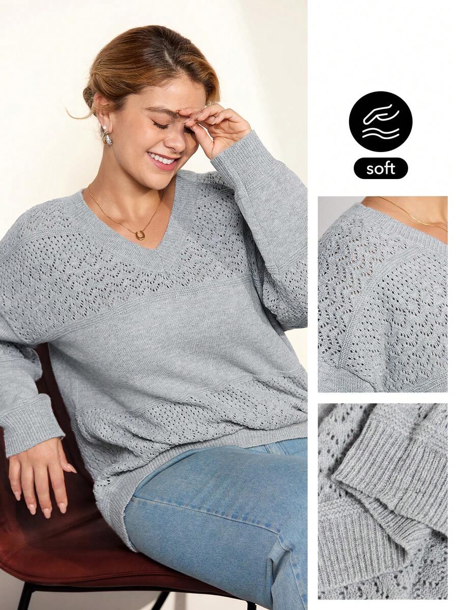 Momelise Plus Size Solid Color Hollow Out Knit Sweater, Casual For Autumn/Winter Fall Cloth For Women - Light Grey - View 1