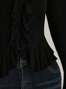 SHEIN ICON 大码女式复古 Y2K 荷叶边领 V 领长袖罗纹针织上衣，秋冬针织毛衣 - 黑色 - 查看 6