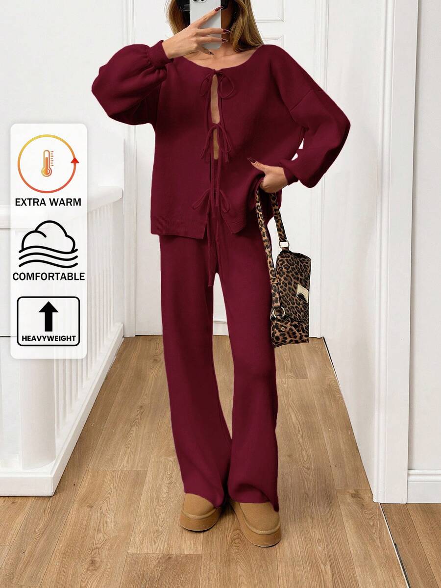 SHEIN Tall Ensemble décontracté pour femmes composé d'un cardigan tricoté à manches longues avec épaules tombantes et nœud devant, et d'un pantalon tricoté, couleur unie, automne/hiver, pour femmes grandes - Rouge foncé - Voir 1