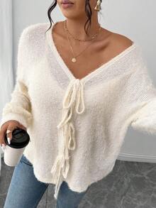 Lounesse Plus Size Women Solid Color Knit French Fuzzy Sweater, Bow Tie Front Design, Suitable For Casual, Home, And School Wear, Autumn/Winter - Apricot - View 3