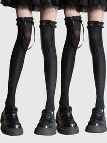 ROMWE Kawaii 2 Pasang Stoking Selutut Hitam dengan Hiasan Pita Renda - Hitam - View 1
