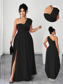 Elenzga Plus Size Women's Elegant Ruffle Trim Spaghetti Strap Solid Color Dress,Black,Autumn,Formal,Evening,Formal,Prom,Date Party,Wedding Season,Outdoor - Black - View 1