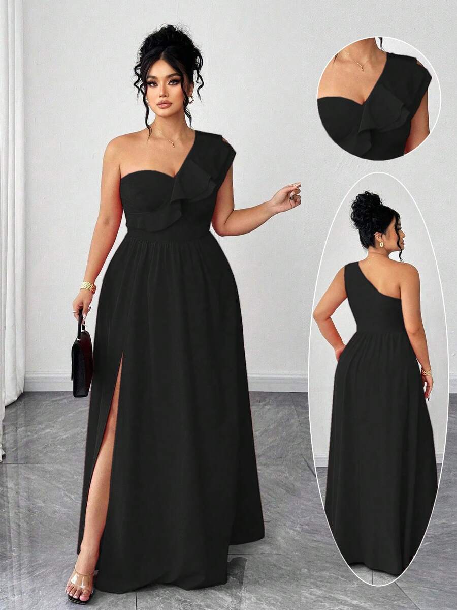 Elenzga Plus Size Women's Elegant Ruffle Trim Spaghetti Strap Solid Color Dress,Black,Autumn,Formal,Evening,Formal,Prom,Date Party,Wedding Season,Outdoor - Black - View 1