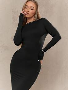 MISSGUIDED Đầm Maxi Ôm Body Tay Dài Cổ Tròn Dài Đến Sàn Đầm Dạ Hội Ôm Dáng Cho Mùa Thu Đông - màu đen - Xem 3