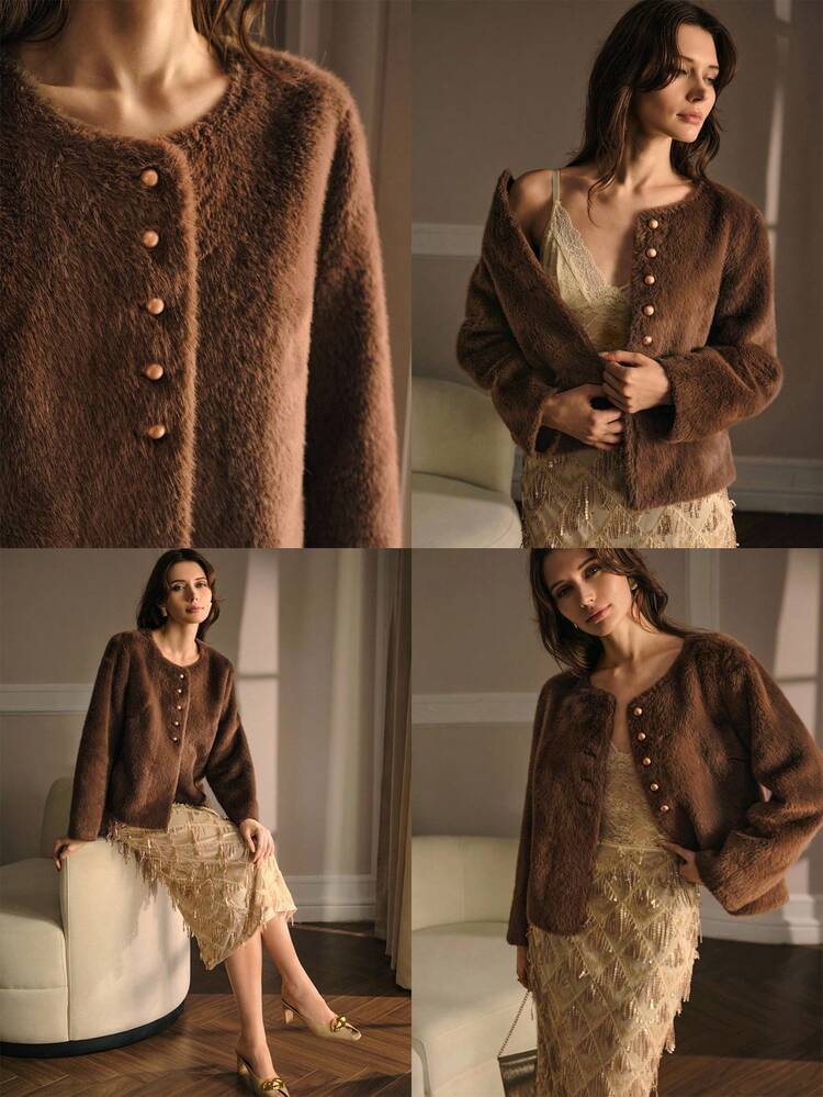 SOLID BUTTON PLACKET FAUX FUR COAT