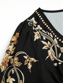 EMERY ROSE 大码复古印花修身系带蝴蝶结衬衫荷叶边上衣蝴蝶结 - 黑色 - 查看 5