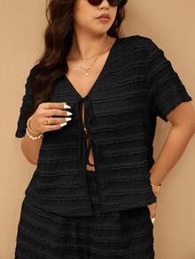 Elaquor Plus Size Vacation Casual Solid Color Tie Front Top And Shorts 2 Pieces Set