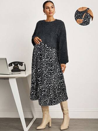 MaterniWear 2-delat mammaset: Enfärgad rundhalsad långärmad topp och prydlig blommig amningsklänning, casual