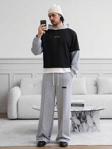 Manfinity Homme 男士撞色拼接连帽卫衣，二合一短款，适合居家或户外穿着，冬季宽松街头风，男士连帽衫，宽松街头风短款连帽衫，落肩设计，长袖上衣 - 彩色 - 查看 3
