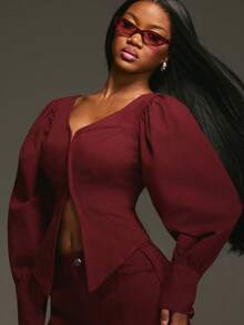 NYA SZN Katie Top Denim Long Balloon Sleeve Off The Shoulder Corset Detail Special Occasion Event Brunch Night Out Date Romantic Holiday Light Dark Wash Fall Winter Statement Festival Carnival Outfits For Women - Purple - View 4