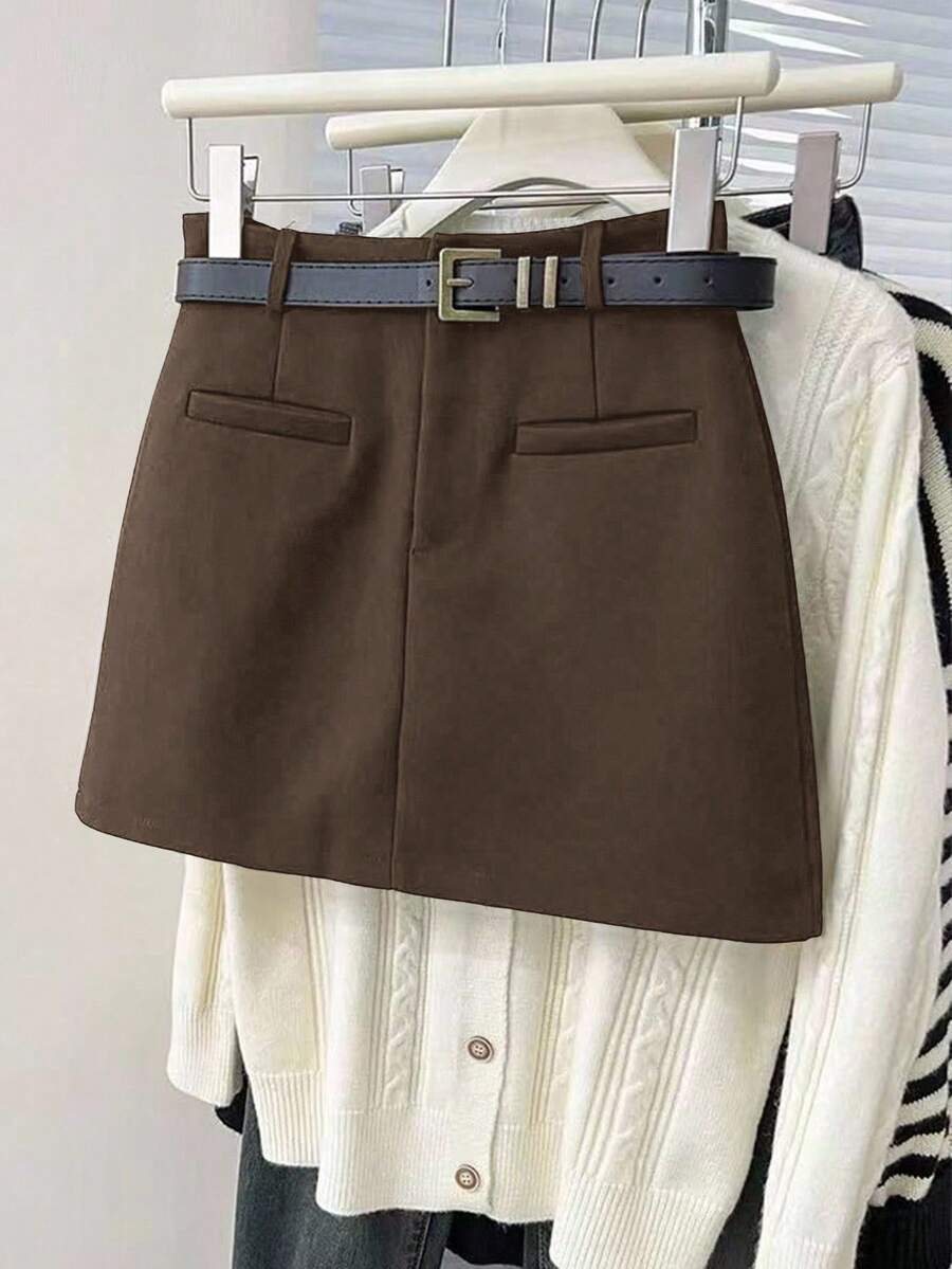 Franclia Minimalist Commuter Spring/Summer New Versatile Fashion A-Line Waist Slimming Niche Design Black Bodycon Skirt For Women - Brown - View 1