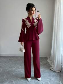Elenzga Casual Elegant Everyday Versatile Stand Collar Ruched Decor 3/4 Sleeve Blouse & Relaxed Fit Cropped Pants 2 Pieces Set, Spring/Summer - Burgundy - View 3