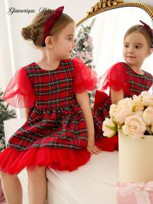 Glamorique Kids 圣诞儿童连衣裙 - 女孩红色格子薄纱派对连衣裙，配有可爱的蝴蝶结和泡泡袖，甜美的节日装 - 紅色 - 查看 7