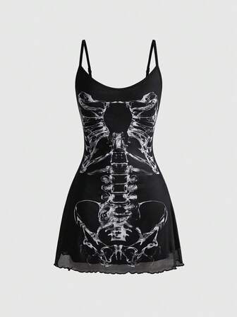 Gothic Retro Romantic Skeleton Print Women Slip Dress