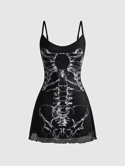 Gothic Retro Romantic Skeleton Print Women Slip Dress