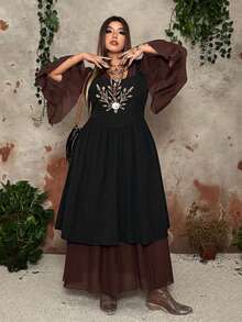 Whyspr Top con corpiño bordado de trigo negro con falda acampanada de cintura alta, estilo gótico vintage punk con tirantes de lazo