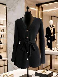 Franclia Women's Autumn/Winter New Arrival Inner Wear & Outerwear, Elegant French Style Casual Sophisticated Slimming Versatile High-Quality Soft High-End Fashionable Metal Button Sweater - Black - View 3