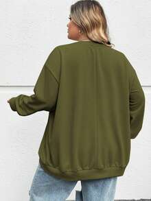 SHEIN CURVE+ 秋冬大码休闲宽松纽约图案圆领长袖女式运动衫 - 軍綠色 - 查看 2