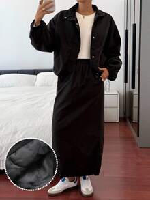 Livesso 女士秋冬加厚休闲宽松户外街头立领夹克外套和直筒裙两件套 - 黑色 - 查看 1