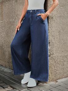 Selenza Fashionable & Elegant Dark Wash Wide Leg Jeans - Dark Wash - View 4