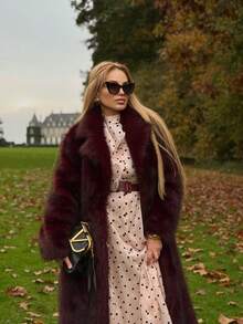 女士优雅简约翻领宽松长款勃艮第红仿皮草冬季外套 - 酒紅色 - 查看 3