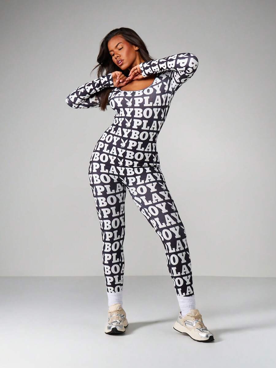 Missguided x Playboy 标志连体衣,长袖圆领修身紧身衣 - 黑與白 - 查看 1