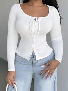 Alexandranx 性感纯色针织弹力圆领系带袖口长袖合身纽扣装饰女士日常百搭 T 恤 - 白色 - 查看 3