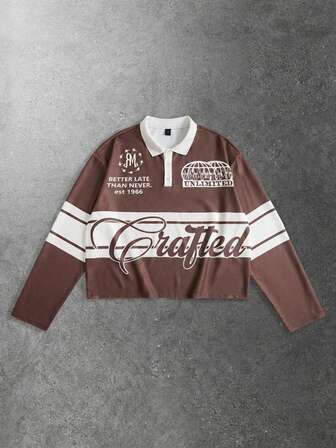 Street Life Polo à manches longues imprimé style universitaire pour hommes, automne/hiver