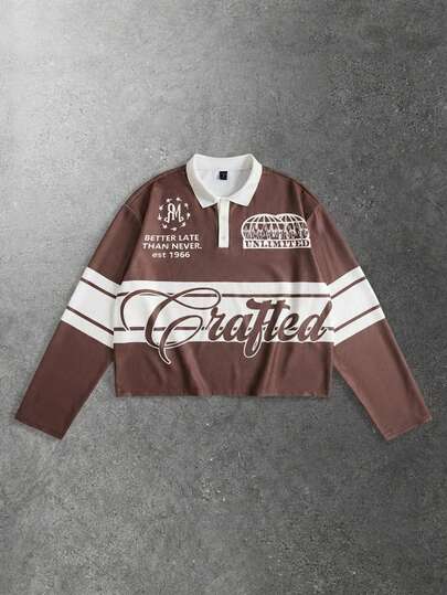 Polo à manches longues imprimé style universitaire pour hommes, automne/hiver