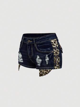 J-Fashion Short en jean taille basse vintage imprimé léopard, style Gyaru Harajuku, taille super basse pour femmes