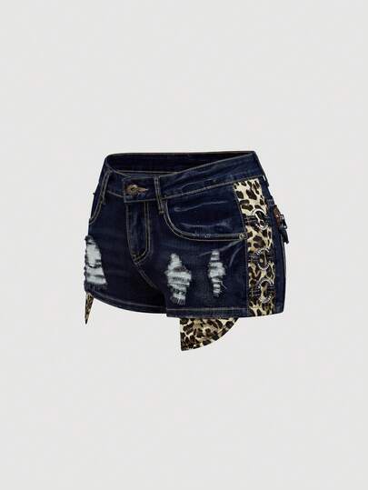 J-Fashion Y2K Gyaru Harajuku Midriff Leopard Print Vintage Low Waist Skinny Super Low Waist Women Kpop Denim Shorts
