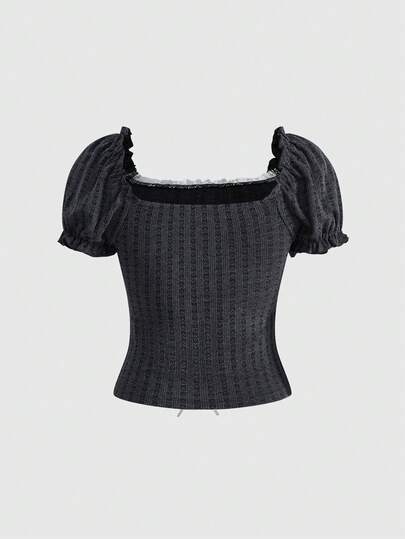 Kawaii T-shirt slim ajusté pour femmes en tissu texturé, motif poupée Kawaii Hime Gyaru mignon