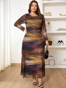 SHEIN Frenchy Váy in họa tiết nhuộm có mũ cỡ lớn dành cho nữ, váy rộng thanh lịch, thời trang, mới cho mùa xuân/hè, vải lưới mềm mại, độ co giãn cao, cỡ lớn - Nhiều màu - Xem 4