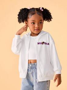 Blippi X SHEIN Young Girl Casual Cartoon Graphic Hooded Zip-Up Long Sleeve Knit White Sweatshirt - White - View 4