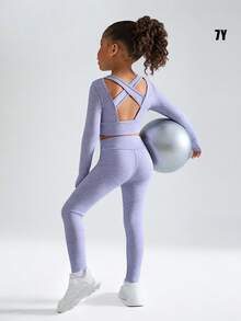 SHEIN 年轻女孩时尚套装，圆领长袖露背镂空设计上衣和紧身裤，适合日常休闲穿着，四季皆宜