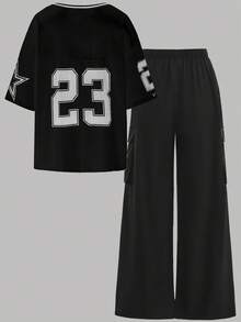 SHEIN EZwear Women's Summer Sports Letter Print T-Shirt And Cargo Pants 2 Pieces Set - Black - View 5