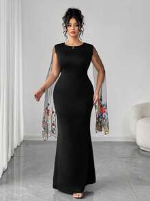 Cravure Embroidered Lace Mesh Long Sleeve Shawl Collar Mermaid Dress - Black - View 5