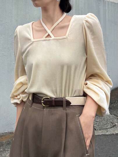 FRIFUL Women's Black Solid Square Neck Long Sleeve Cuff Tie Collar Casual Versatile T-Shirt, Autumn