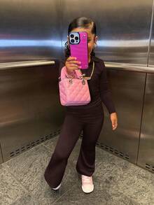 SHEIN Young Girl 2pcs Set Stand Collar Zipper Solid Color Long Sleeve Top And Long Pants,Pint,Great For Casual & Daily Wear & School Daily In Summer & Autumn - Brown - View 8