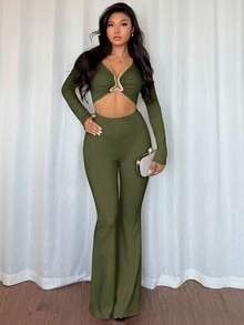 Islaluna European & American Style Casual Metal Decor Waist Cinched Long Sleeve Sexy Black High Stretch Jumpsuit For Women