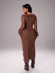 Rustia Sexy V-Neck Ruffle Patchwork Slim Fit Mini Dress - Brown - View 2