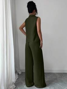 Rafferiza 2 件套女士时尚休闲 V 领无袖上衣和宽松独特腰带装饰直筒裤，春夏 - 軍綠色 - 查看 2