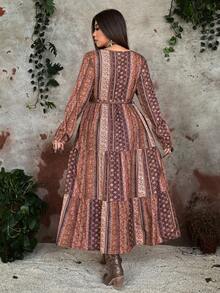 Whyspr Váy dài tay màu nâu cài nút phía trước, xẻ tà và buộc eo, phong cách Bohemian, tôn dáng cho người ngoại cỡ, trang phục đi nghỉ - màu nâu - Xem 2