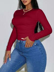 Zolique Damen einfarbiges Rundhals Gerafftes Kurzes Figurbetontes Langarm T-Shirt - Rot - Übersicht 6