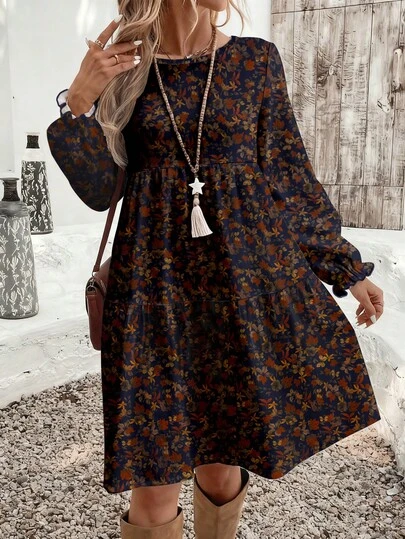 EMERY ROSE Casual Minimalist Ditsy Floral Pattern Loose Fit Round Neck Plus Size Dress, Suitable For Autumn/Winter New Year Party