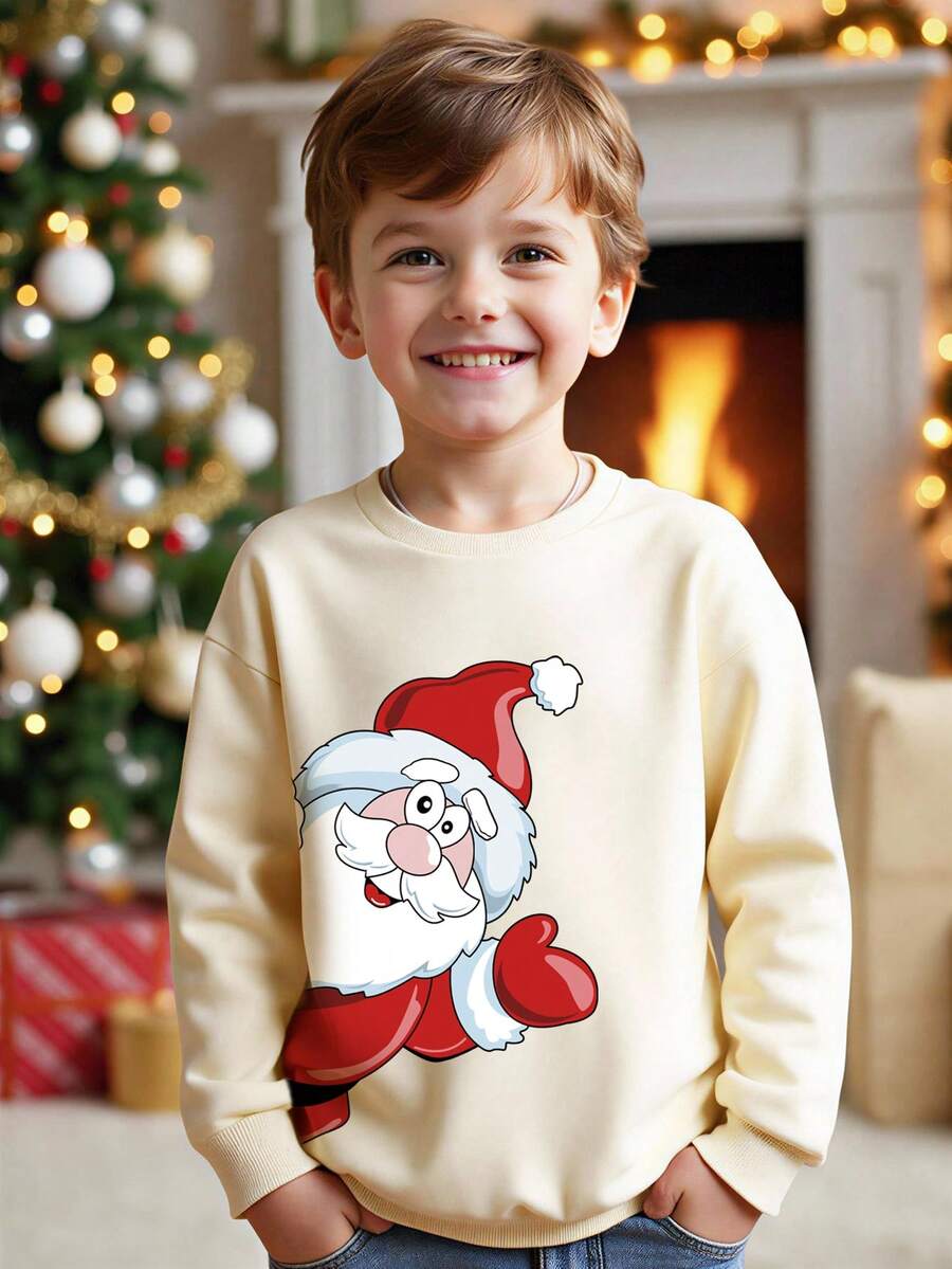 Sudadera de cuello redondo de manga larga con lindo estampado de Papá Noel para niños pequeños