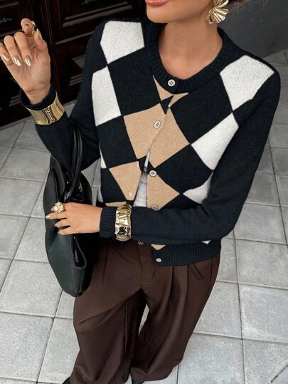 Pariaura Damen Rhombus Muster Rundhals Langarm Lässig Strick Cardigan, Herbst/Winter