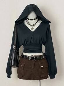 EgrlEra Áo nỉ dài tay có mũ trùm đầu thiết kế cổ chữ V, eo bó sát gợi cảm - Màu xanh hải quân - Xem 1