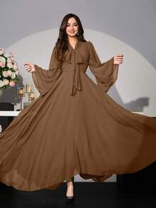 Modelyn 女士纯色系带领喇叭袖优雅连衣裙 - 棕色 - 查看 1